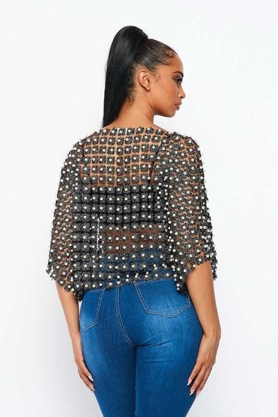 Gloria Hollow Out Pearls T Shirts