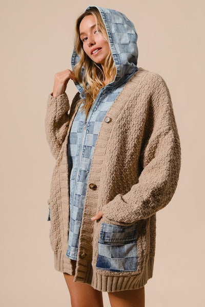 Hooded Denim Spliced Sweater Cardigan