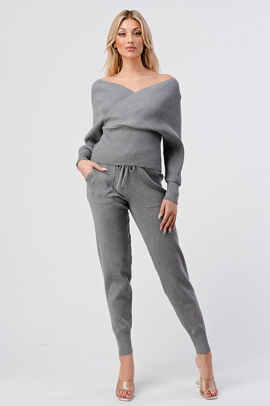 V Neck Knitted Sweater Pant Set