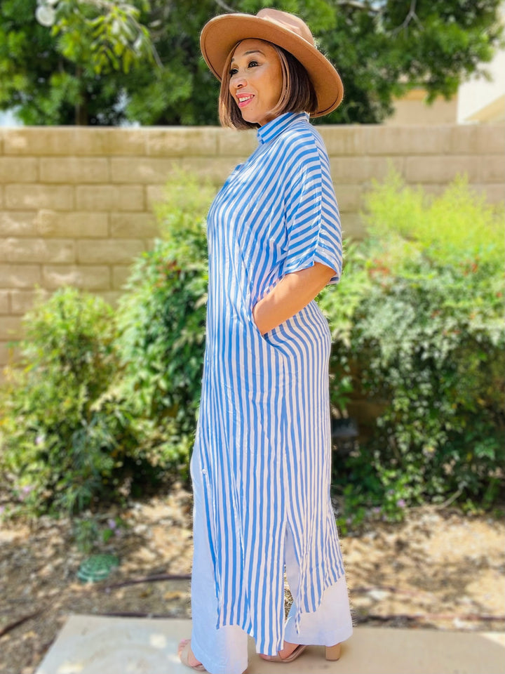 Hazel Stripe Button Woven Shirt Maxi Dress