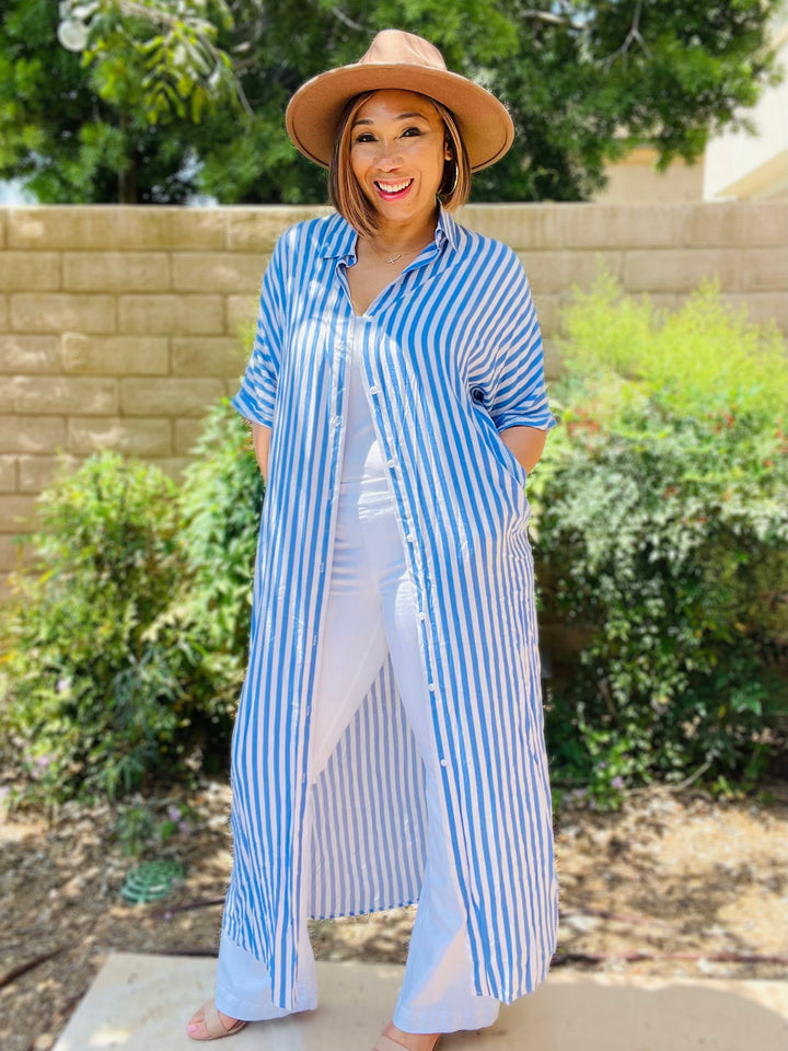 Hazel Stripe Button Woven Shirt Maxi Dress