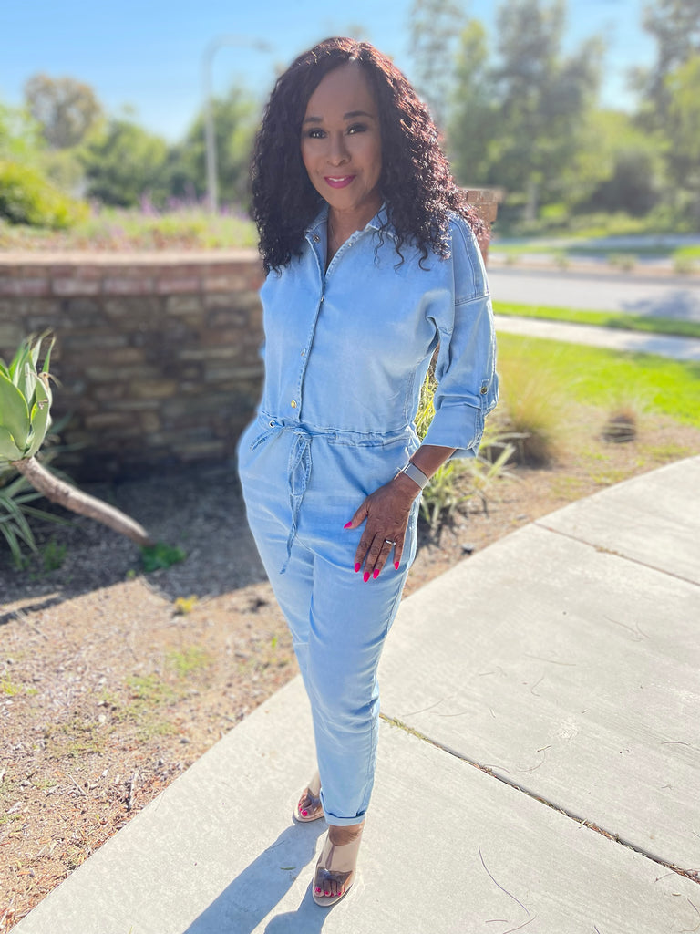 Light blue denim jumpsuit