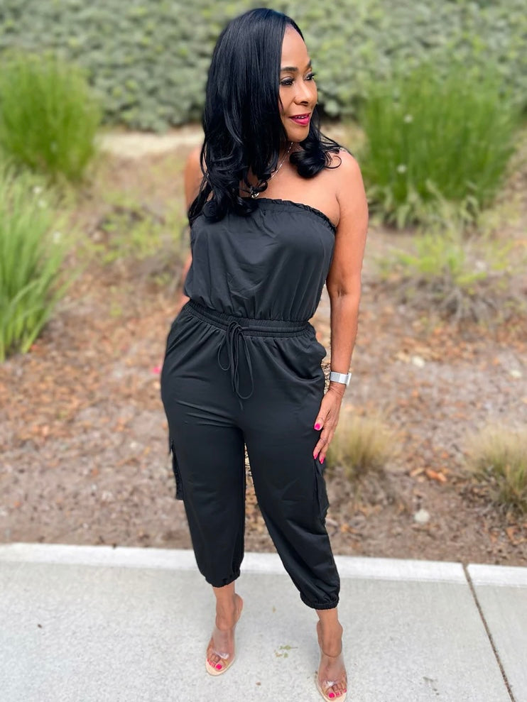 Roxanne Strapless Cargo Pants Jumpsuit - Black