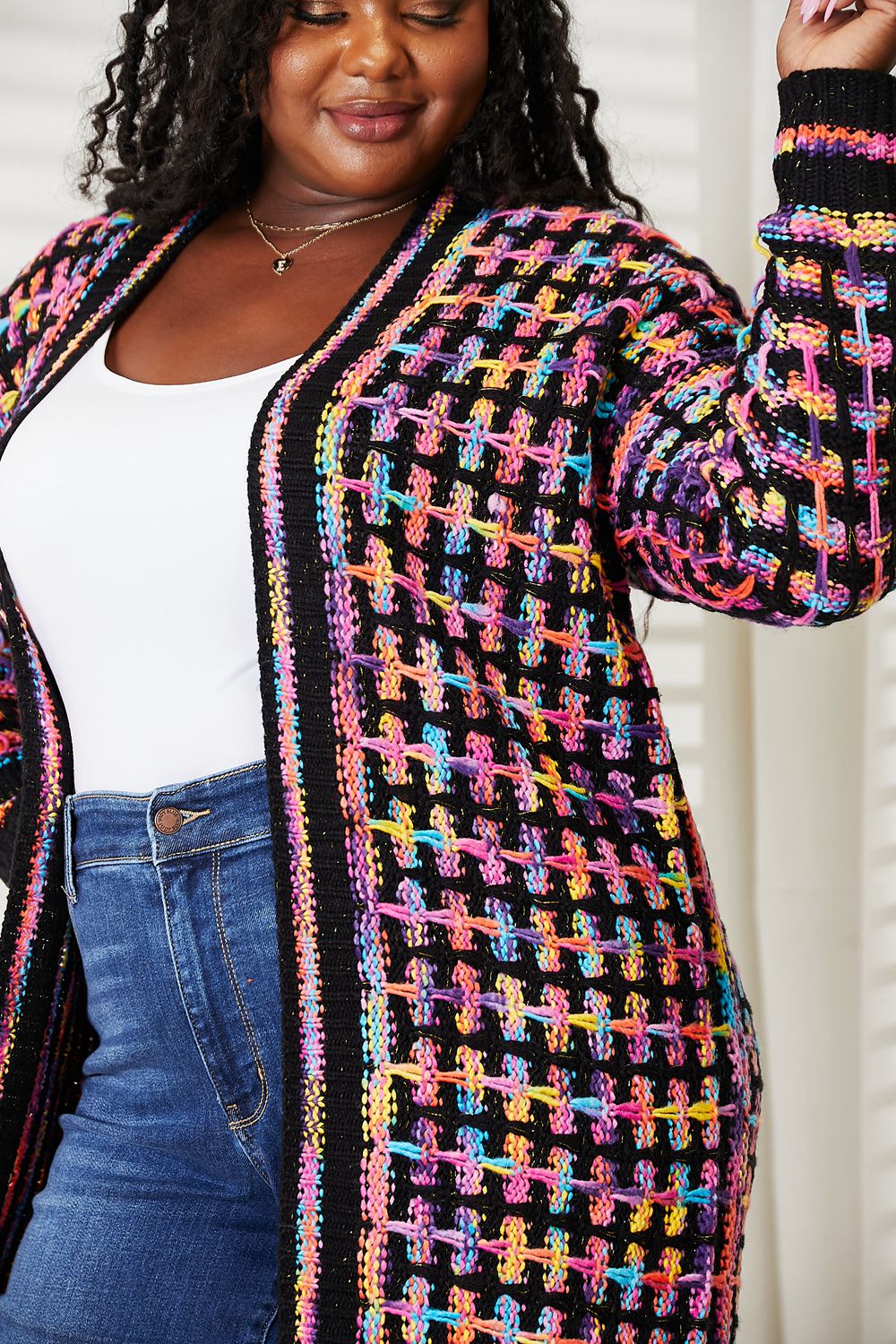 Multicolored Open Front Crochet Fringe Hem Cardigan