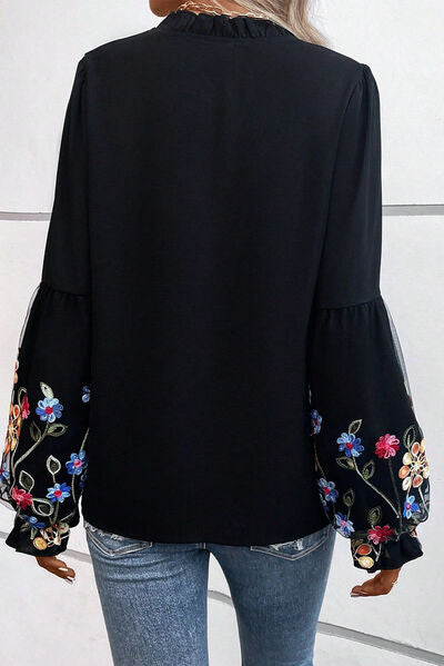 Floral Patched Flounce Sleeve Tie Neck Blouse