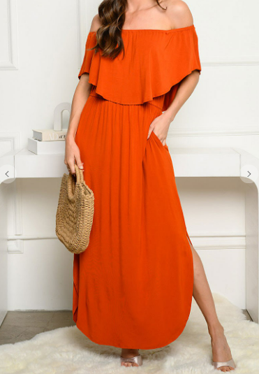 Rust Off the Shoulder Maxi Dress