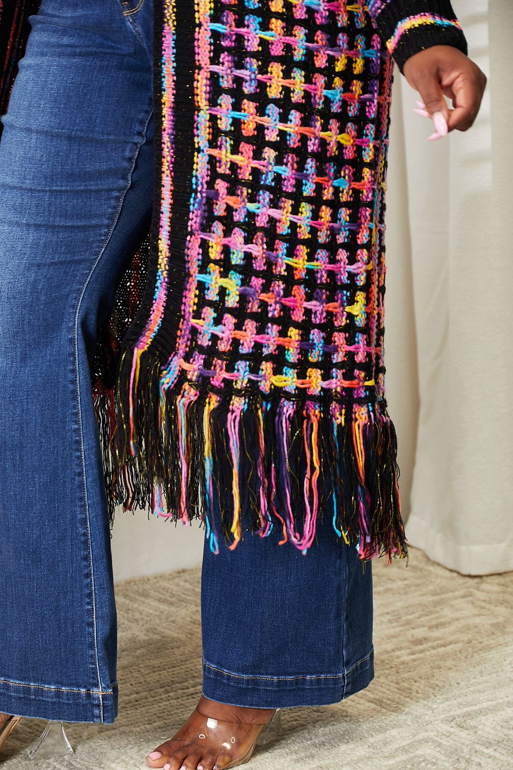 Multicolored Open Front Crochet Fringe Hem Cardigan