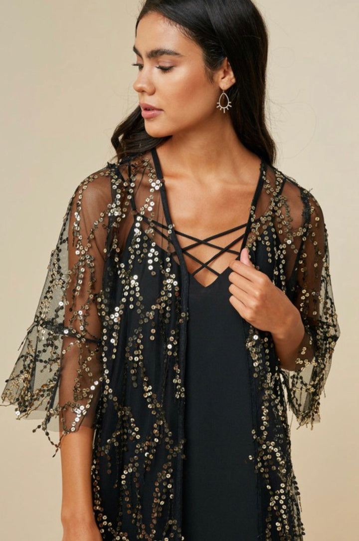 Sequin Open Front Kimono Cardigan