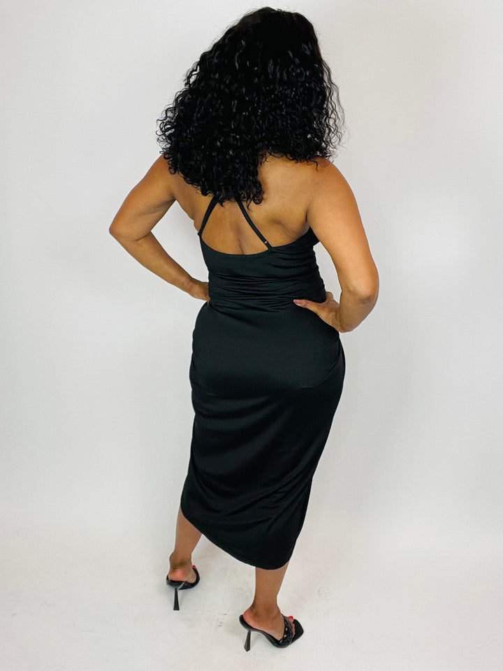 Jillian Surplice Ruched Bodycon Midi Dress - Moody Fitzs Boutique
