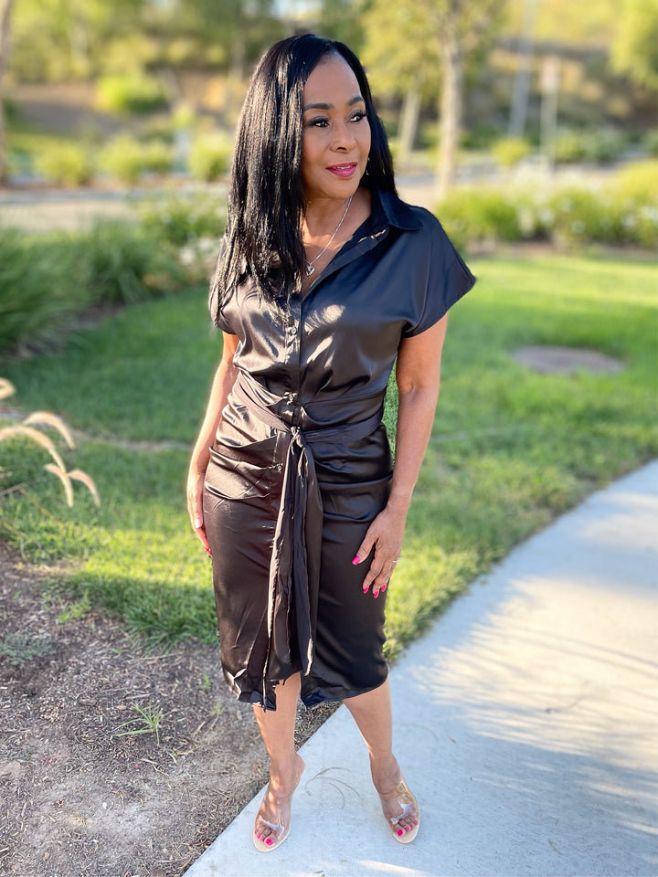 Luna Button Down Satin Shirt Dress - Black - Moody Fitzs Boutique