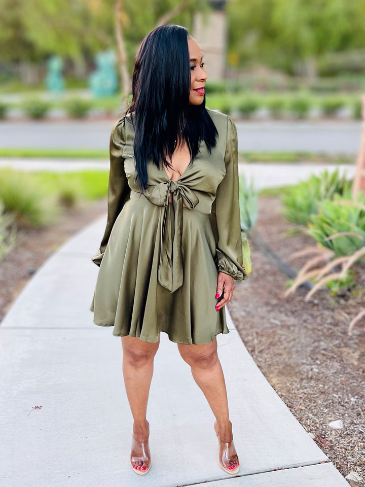 Satin Olive Mini Dress - Moody Fitzs Boutique
