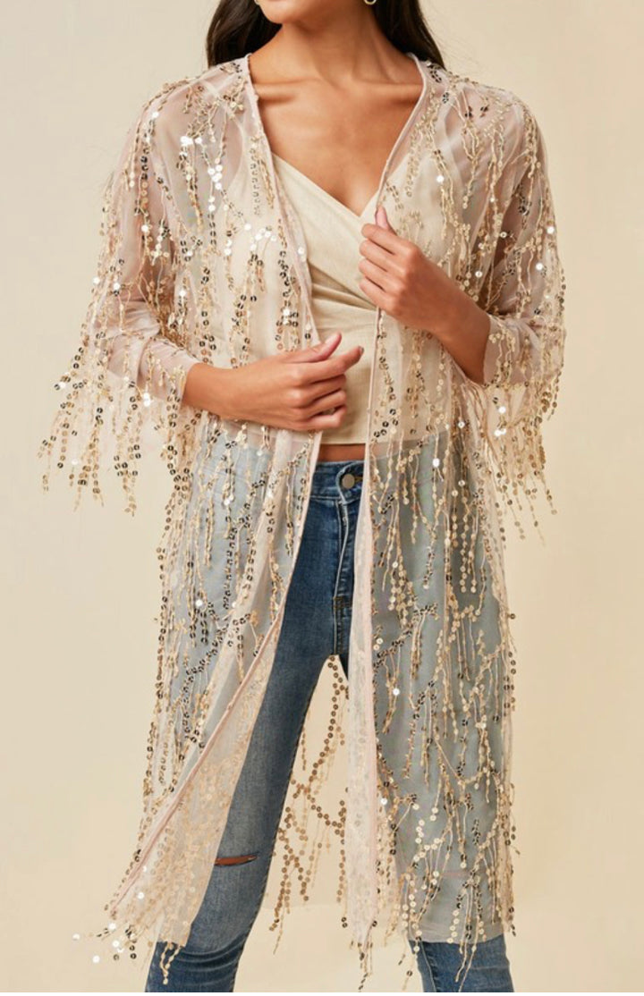 Sequin Open Front Kimono Cardigan