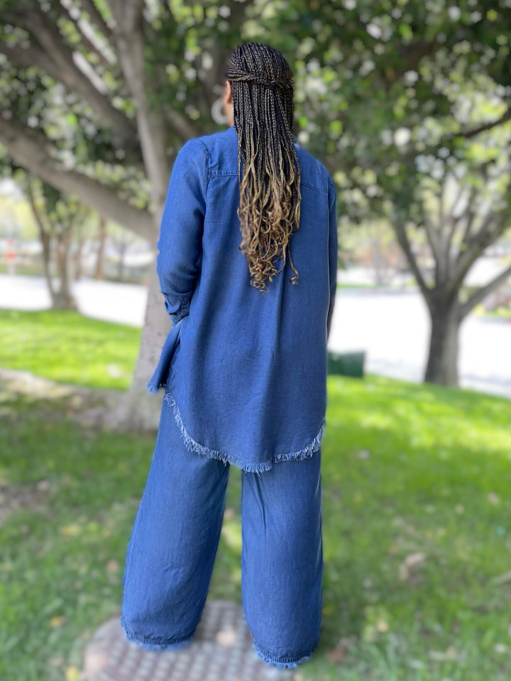 The Chambray Fringe Denim Set - By Zenana