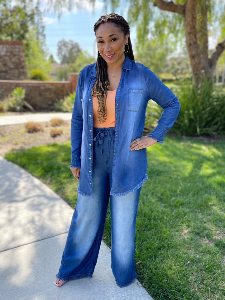 The Chambray Fringe Denim Set - By Zenana