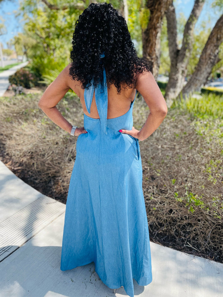 Layla Denim Halter Maxi Dress