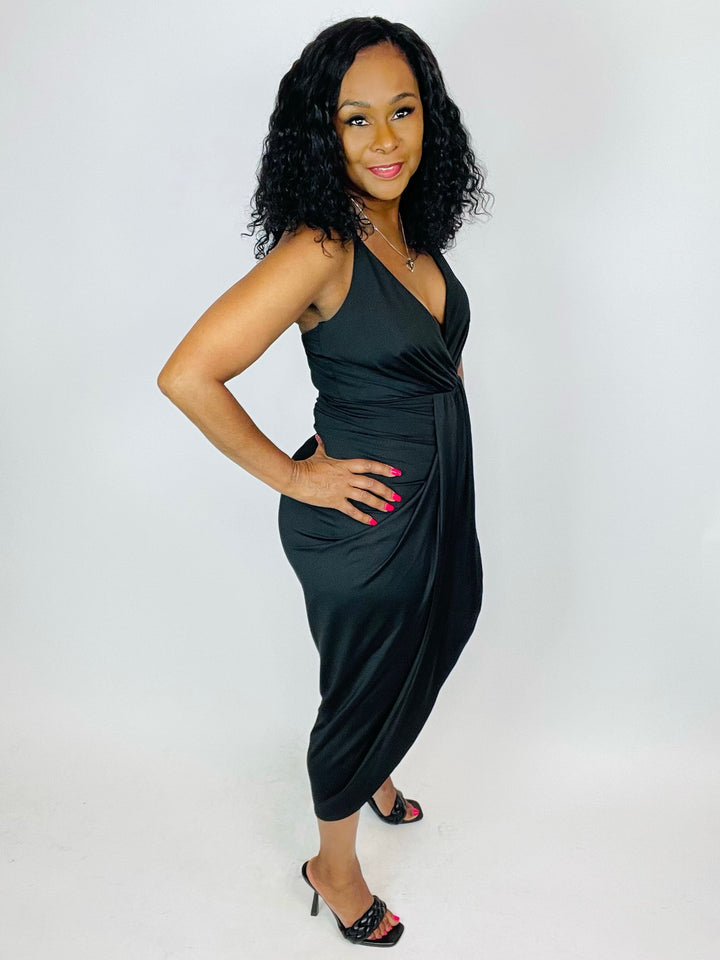Jillian Surplice Ruched Bodycon Midi Dress - Moody Fitzs Boutique