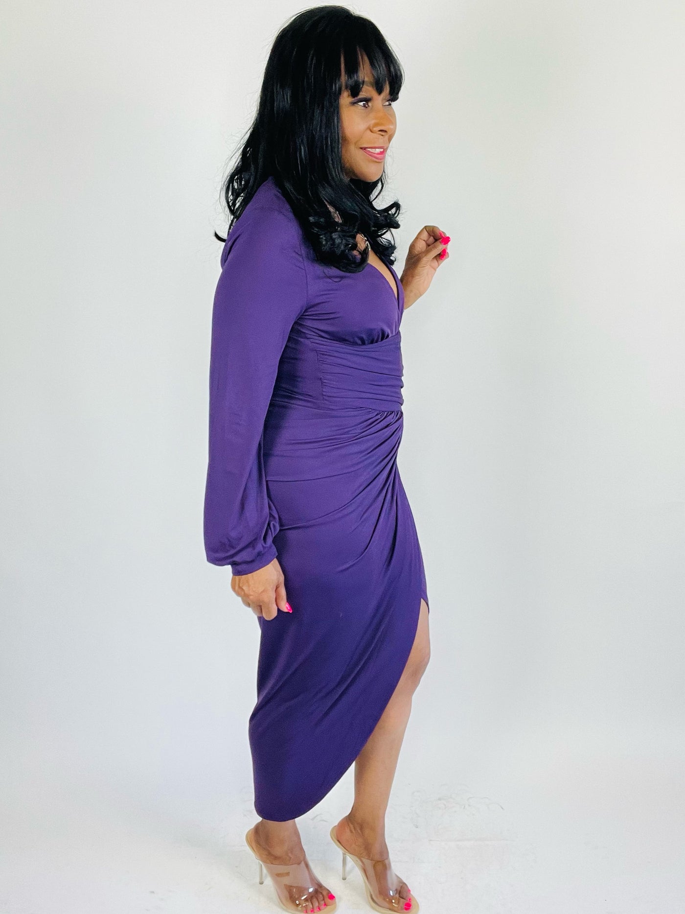 Sylvia Venetian Ruched Bodycon Dress - Purple - Moody Fitzs Boutique