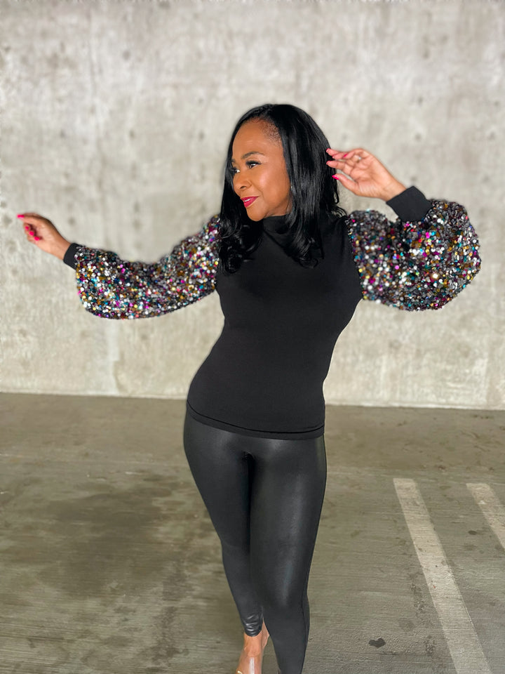 Sparkle Sequin Sleeve Turtle Neck - Moody Fitzs Boutique