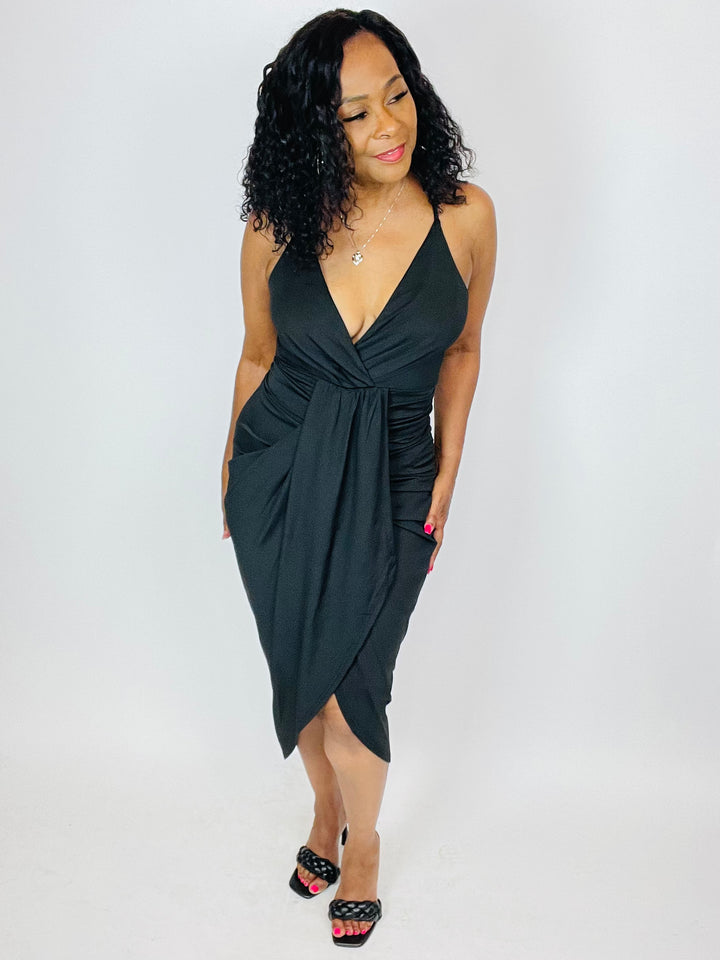 Jillian Surplice Ruched Bodycon Midi Dress - Moody Fitzs Boutique