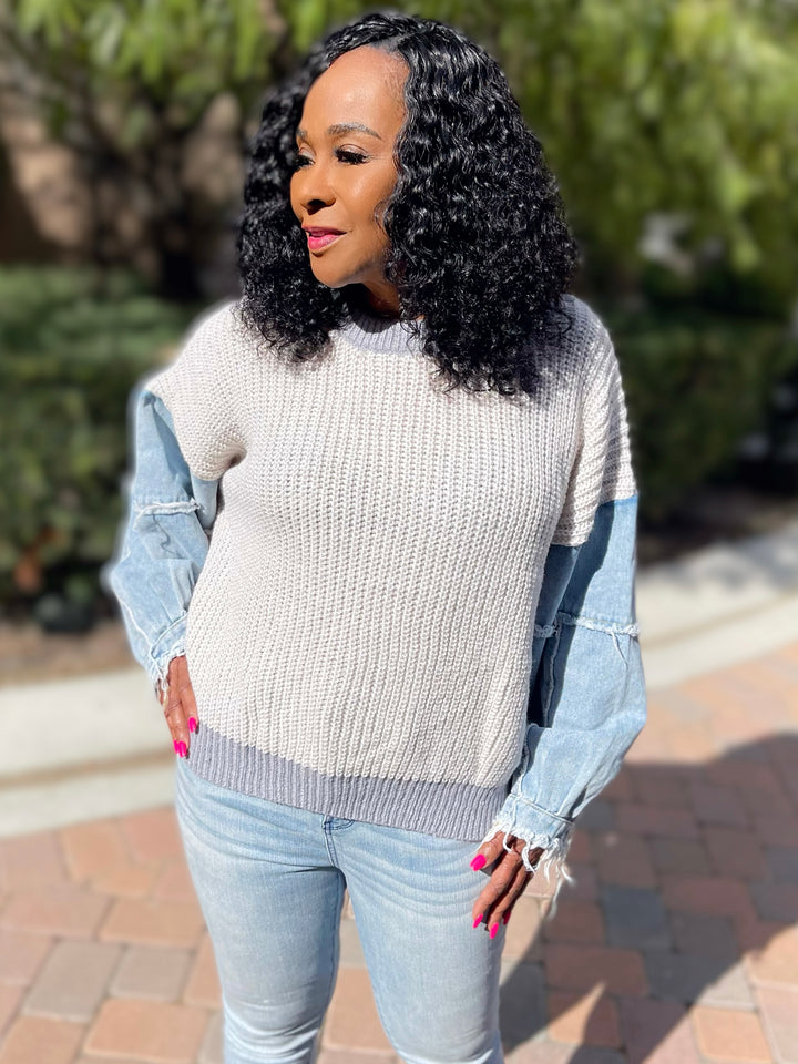 All About The Denim Sleeves Sweater - Moody Fitzs Boutique