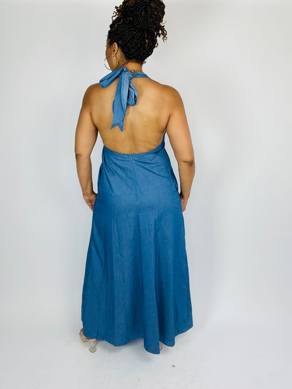 Layla Denim Halter Maxi Dress - Moody Fitzs Boutique