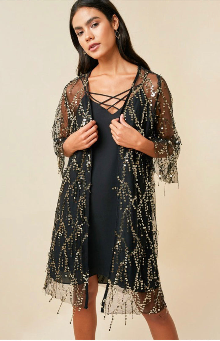 Sequin Open Front Kimono Cardigan
