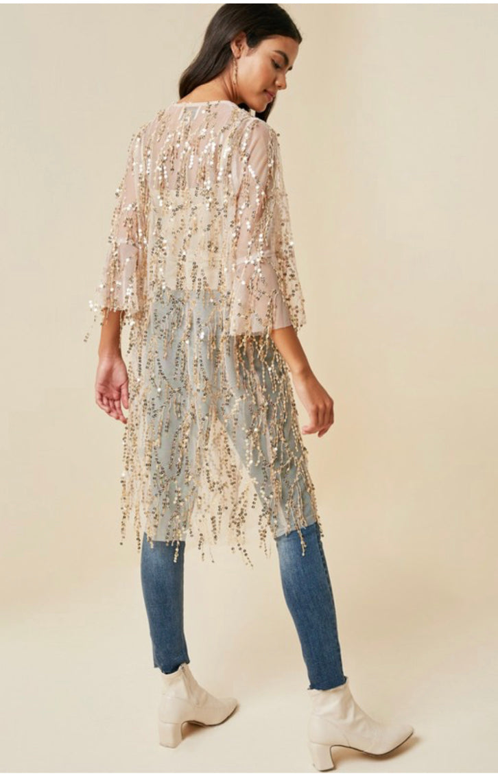 Sequin Open Front Kimono Cardigan