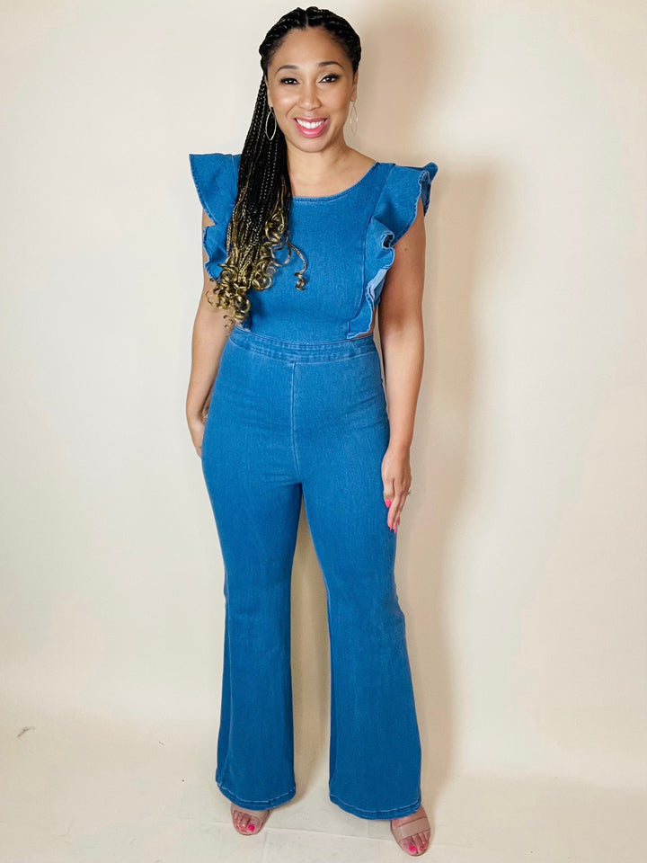 Tamara Denim Ruffle Strap Flare Leg Jumpsuit - Moody Fitzs Boutique