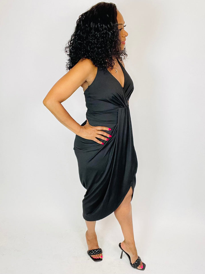 Jillian Surplice Ruched Bodycon Midi Dress - Moody Fitzs Boutique