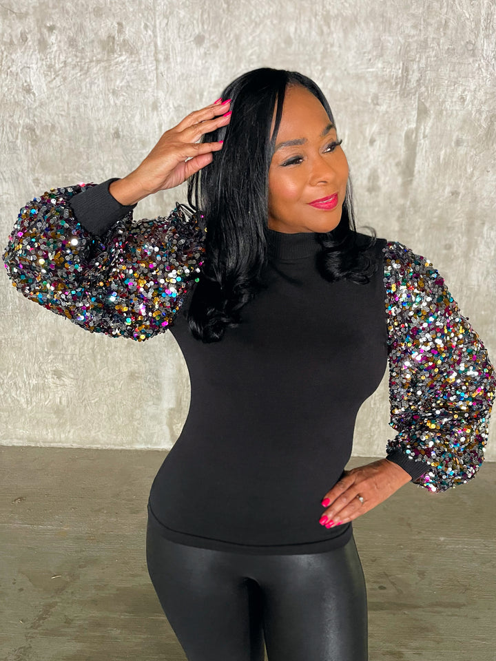 Sparkle Sequin Sleeve Turtle Neck - Moody Fitzs Boutique