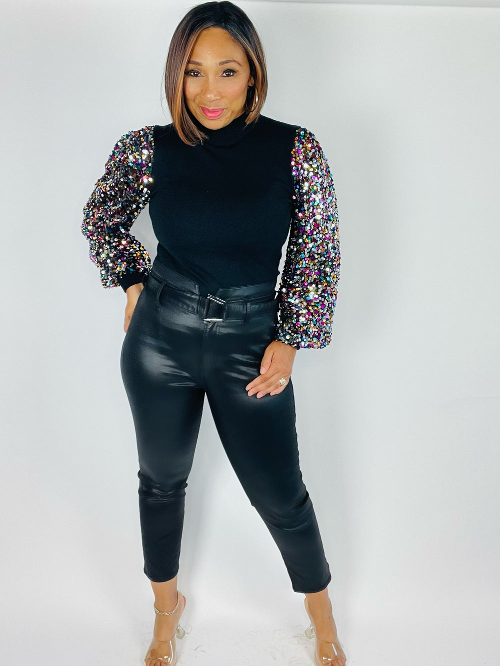Sparkle Sequin Sleeve Turtle Neck - Moody Fitzs Boutique