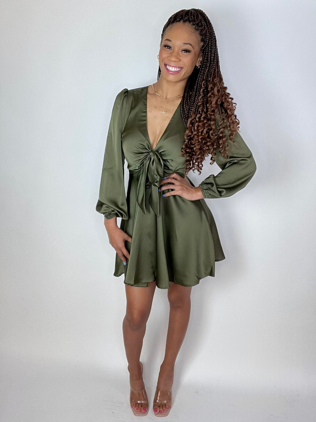 Satin Olive Mini Dress - Moody Fitzs Boutique