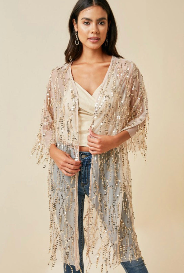Sequin Open Front Kimono Cardigan
