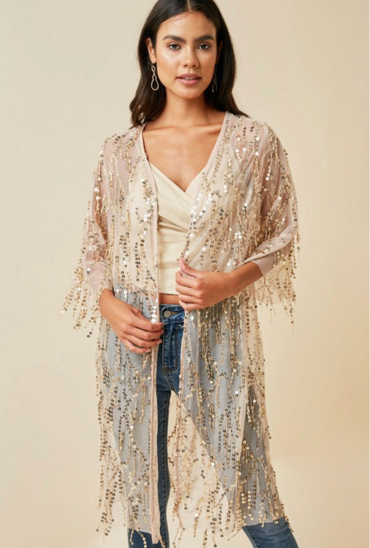 Sequin Open Front Kimono Cardigan