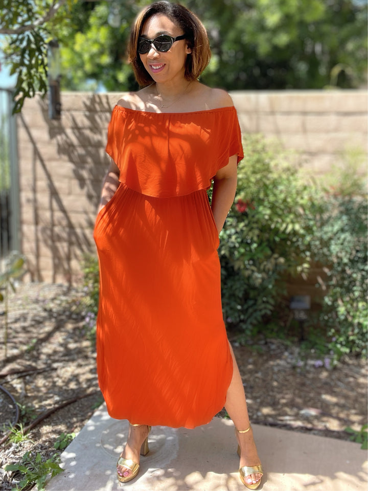 Rust Off the Shoulder Maxi Dress