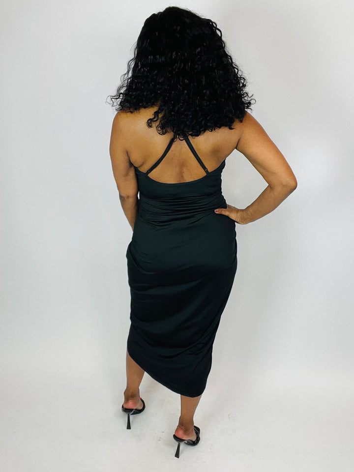 Jillian Surplice Ruched Bodycon Midi Dress - Moody Fitzs Boutique