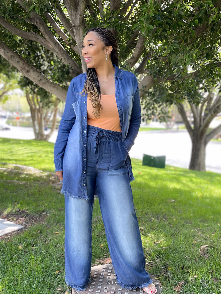 The Chambray Fringe Denim Set - By Zenana
