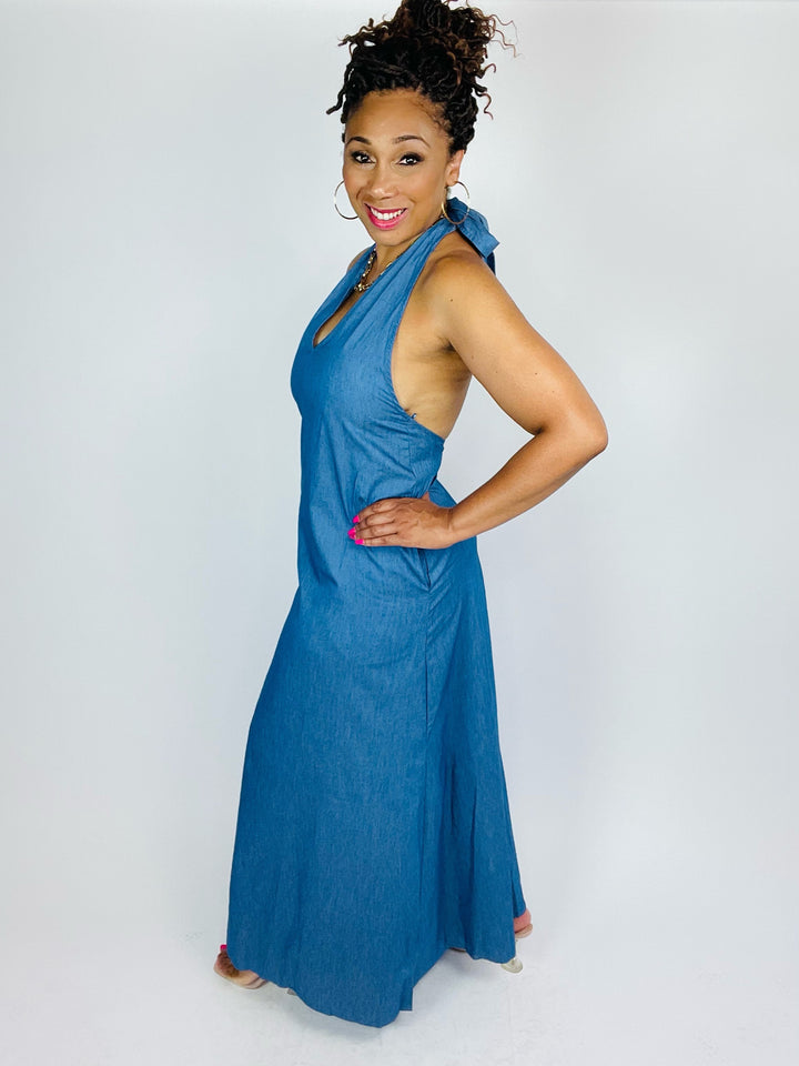 Layla Denim Halter Maxi Dress - Moody Fitzs Boutique