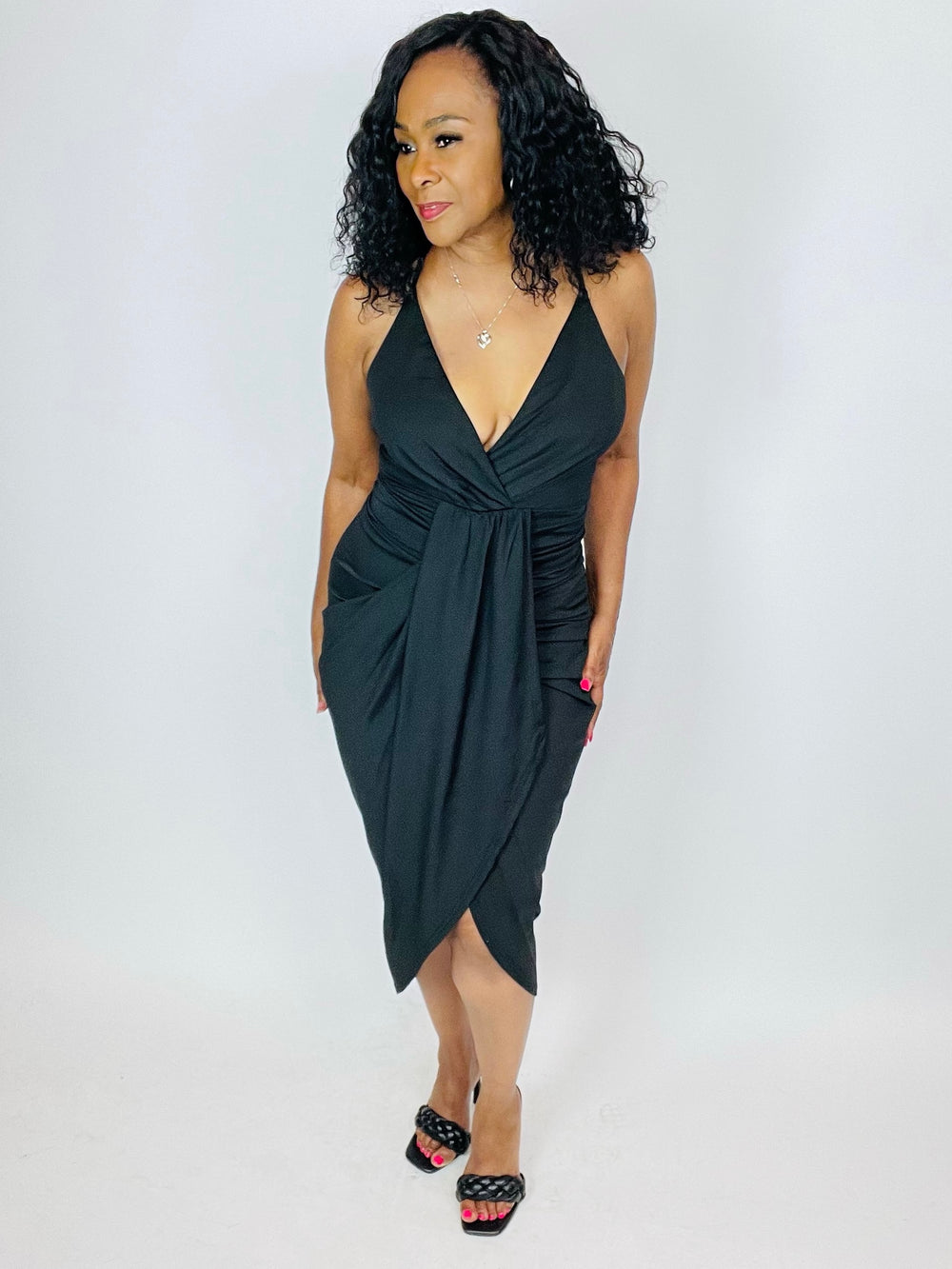 Jillian Surplice Ruched Bodycon Midi Dress - Moody Fitzs Boutique