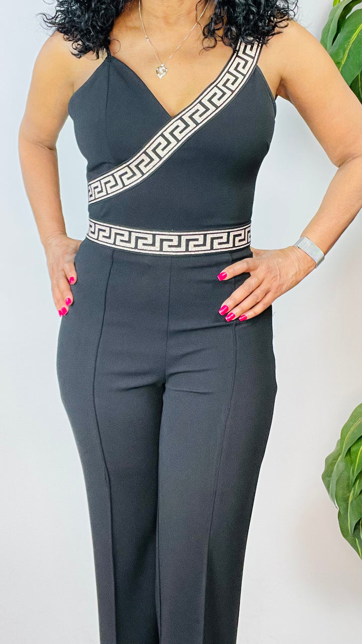 Valeria's Black & Gold Straight Leg Jumpsuit - Moody Fitzs Boutique