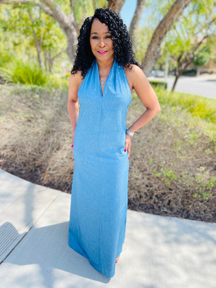Layla Denim Halter Maxi Dress