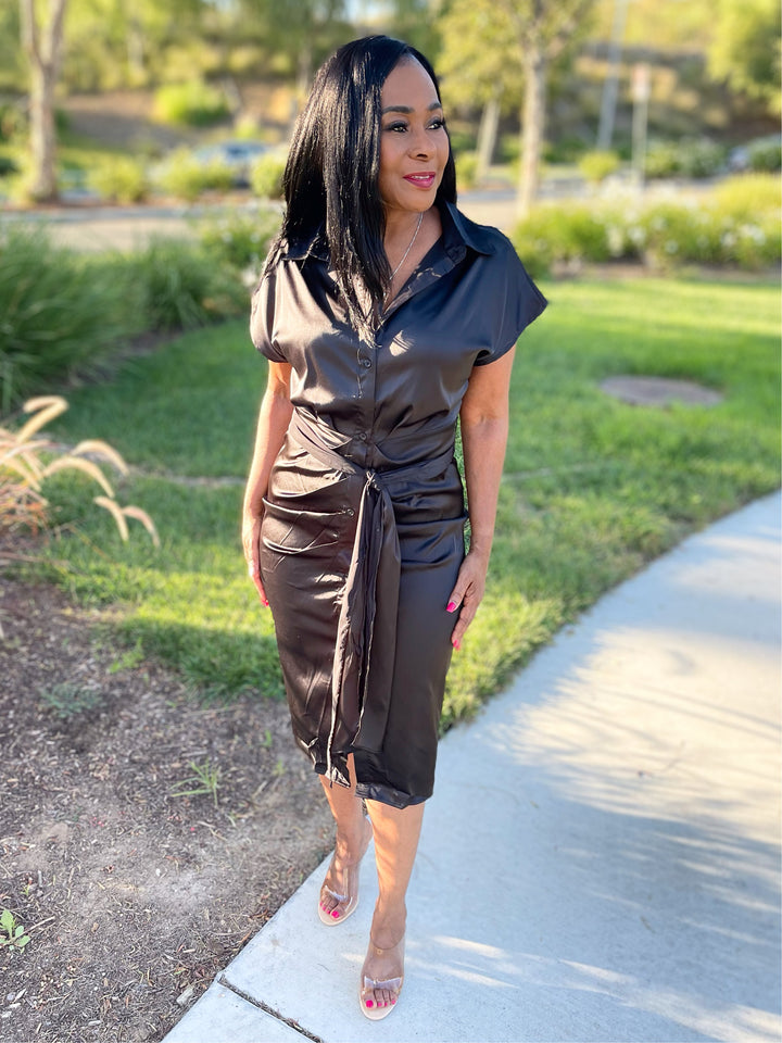 Luna Button Down Satin Shirt Dress - Black - Moody Fitzs Boutique